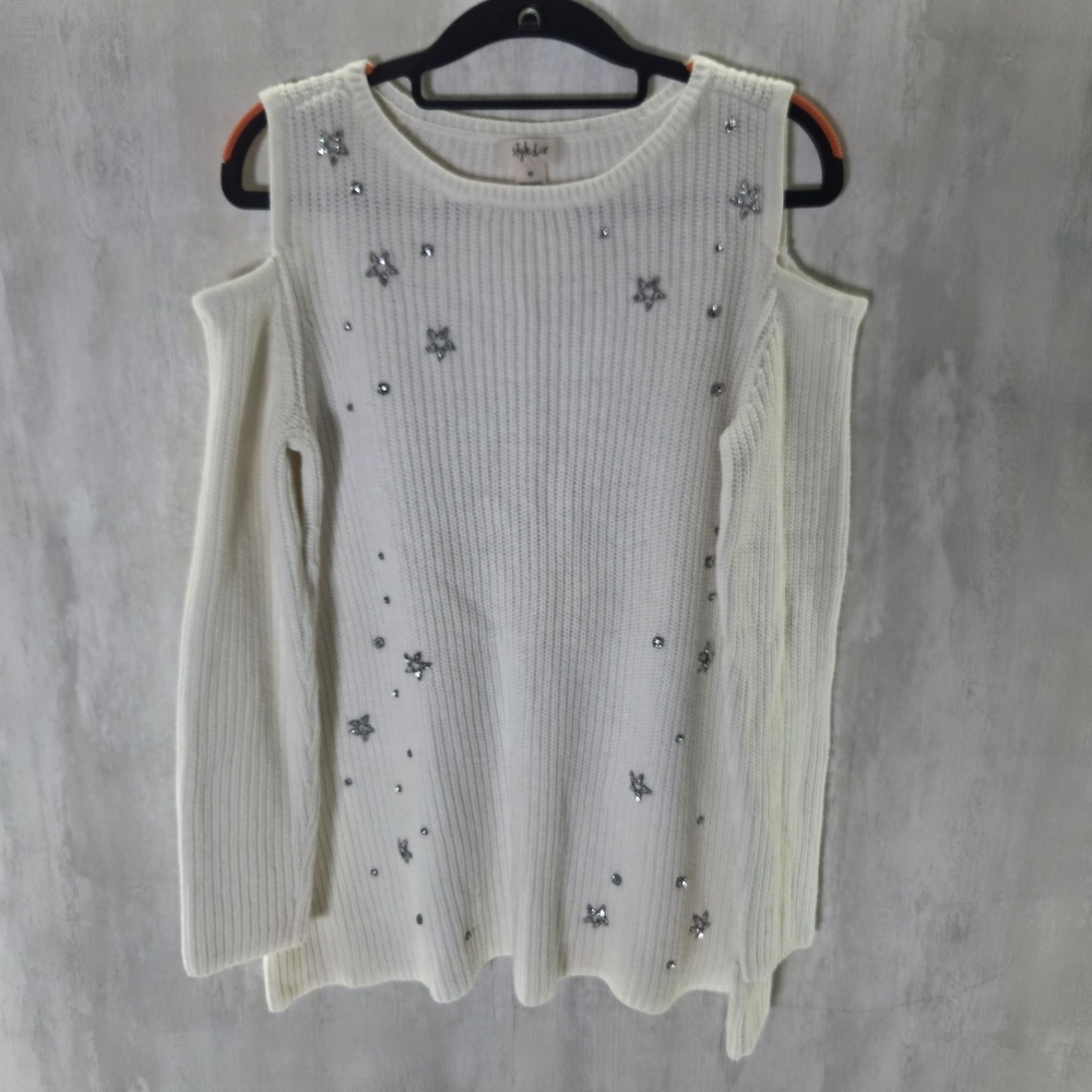 Style & Co Sweater Womens Medium White Cold Shoulder Rhinestone Stars Pullover